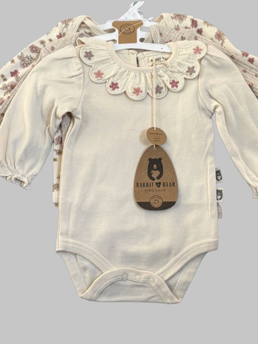 Rabbit + Bear Organic Cotton Baby Bodysuit Set of 3 Size 3-6M Long Sleeves NEW